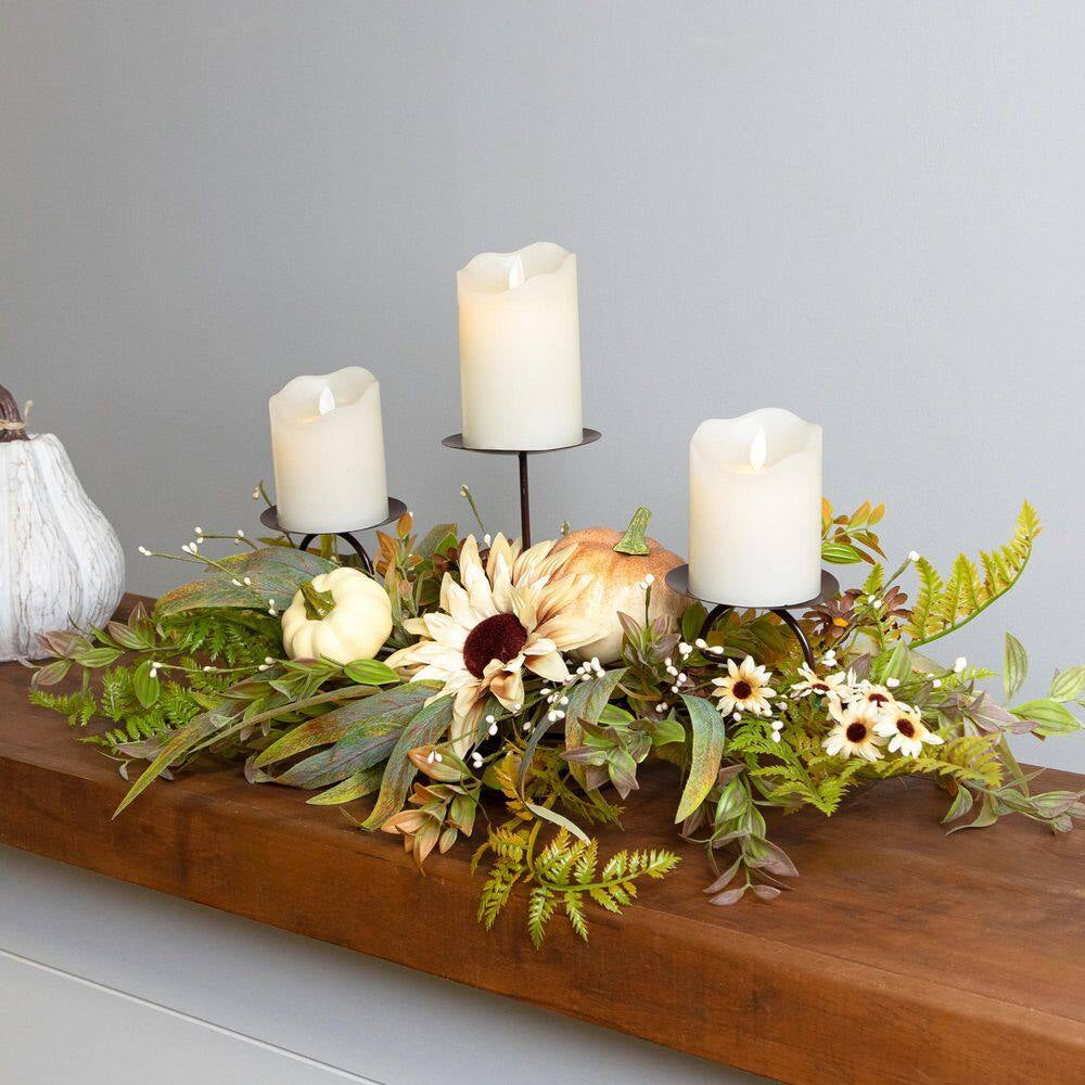 Sunflower and Pumpkins Fall Harvest Triple Candle Holder 28 In.
