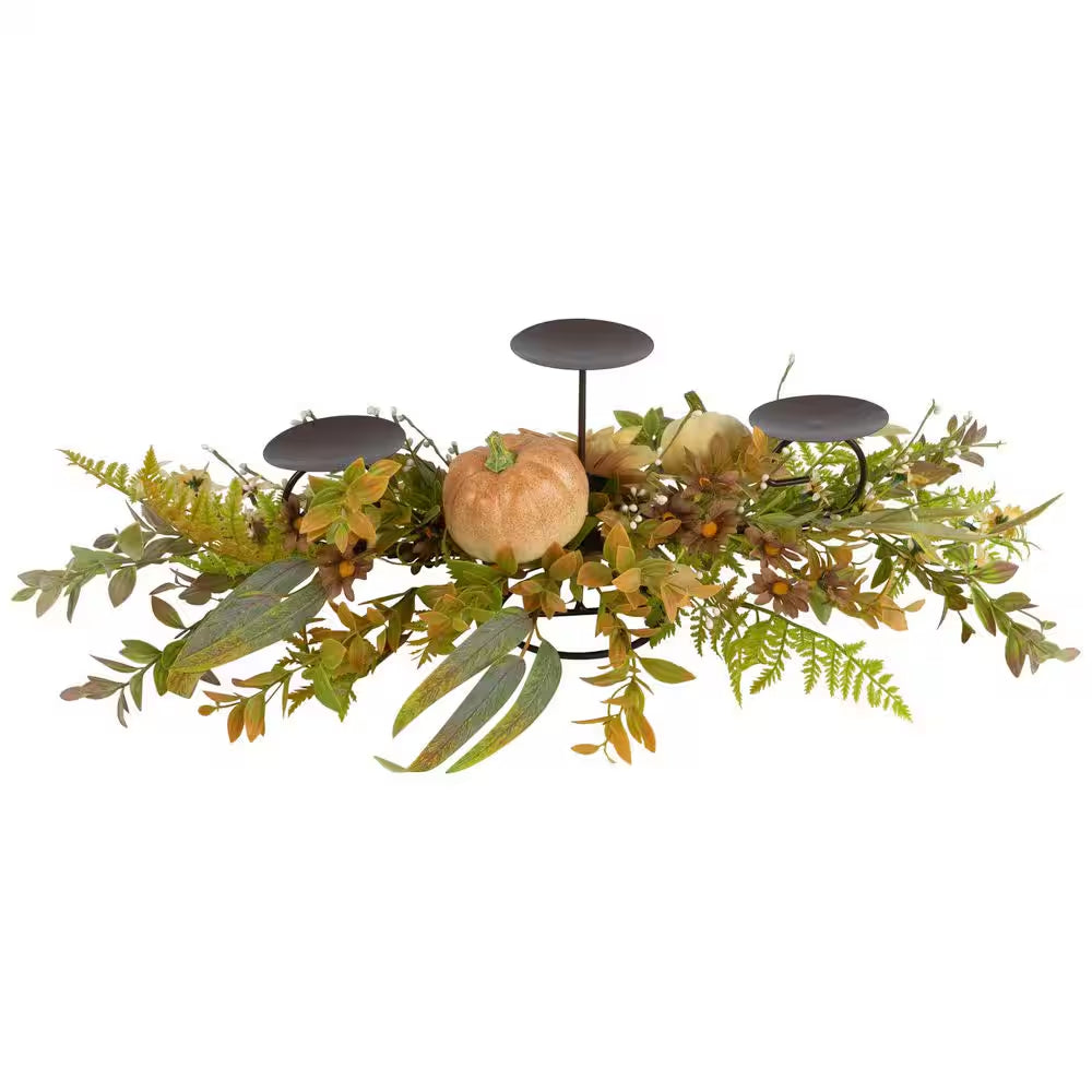 Sunflower and Pumpkins Fall Harvest Triple Candle Holder 28 In.