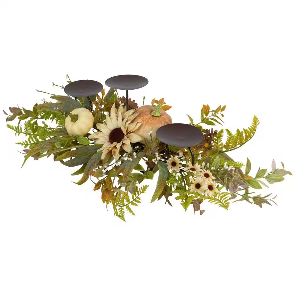 Sunflower and Pumpkins Fall Harvest Triple Candle Holder 28 In.