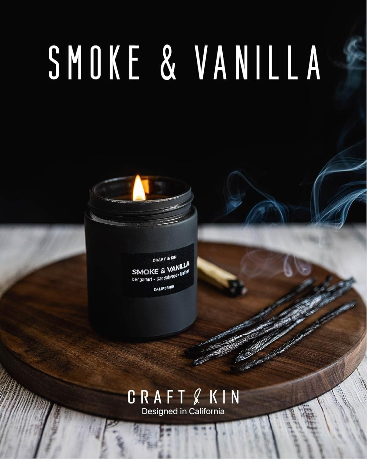 Premium Smoke & Vanilla Candle | Black Fall Scented Candles for Men | Long Lasting with 45 Hour Burn Time, 7.6Oz | Made with Soy | Aromatherapy at Home | Gifts for Men