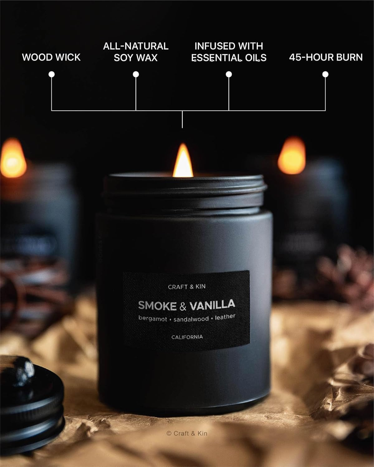 Premium Smoke & Vanilla Candle | Black Fall Scented Candles for Men | Long Lasting with 45 Hour Burn Time, 7.6Oz | Made with Soy | Aromatherapy at Home | Gifts for Men