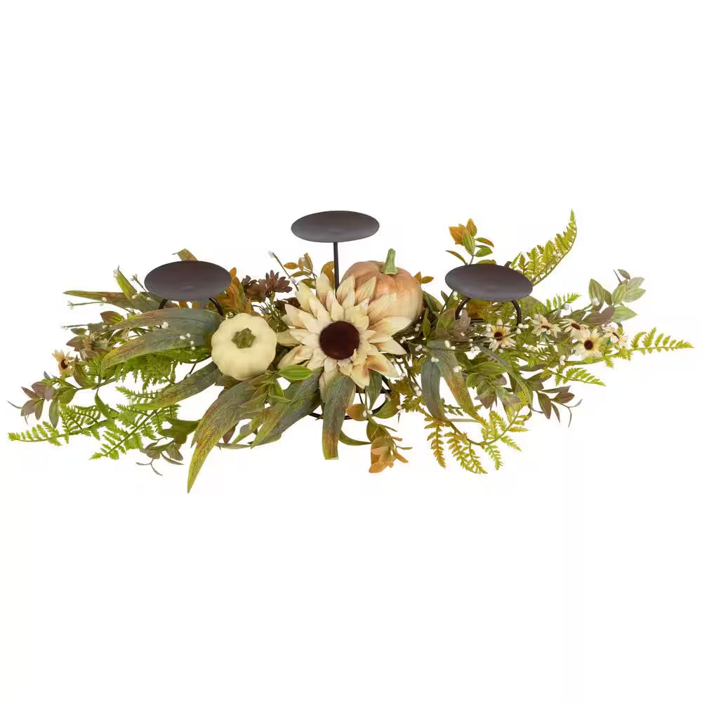 Sunflower and Pumpkins Fall Harvest Triple Candle Holder 28 In.