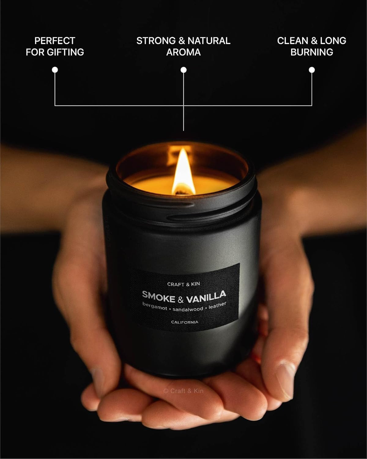 Premium Smoke & Vanilla Candle | Black Fall Scented Candles for Men | Long Lasting with 45 Hour Burn Time, 7.6Oz | Made with Soy | Aromatherapy at Home | Gifts for Men