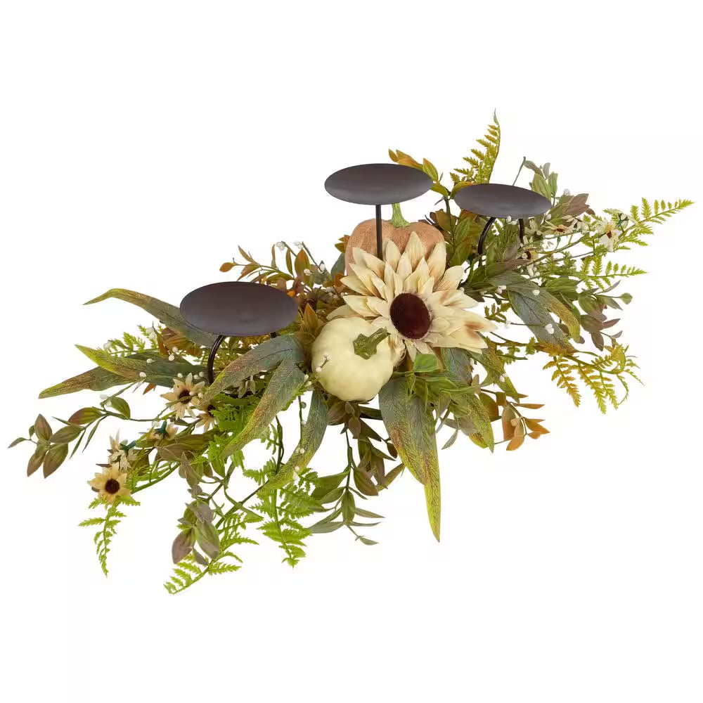 Sunflower and Pumpkins Fall Harvest Triple Candle Holder 28 In.