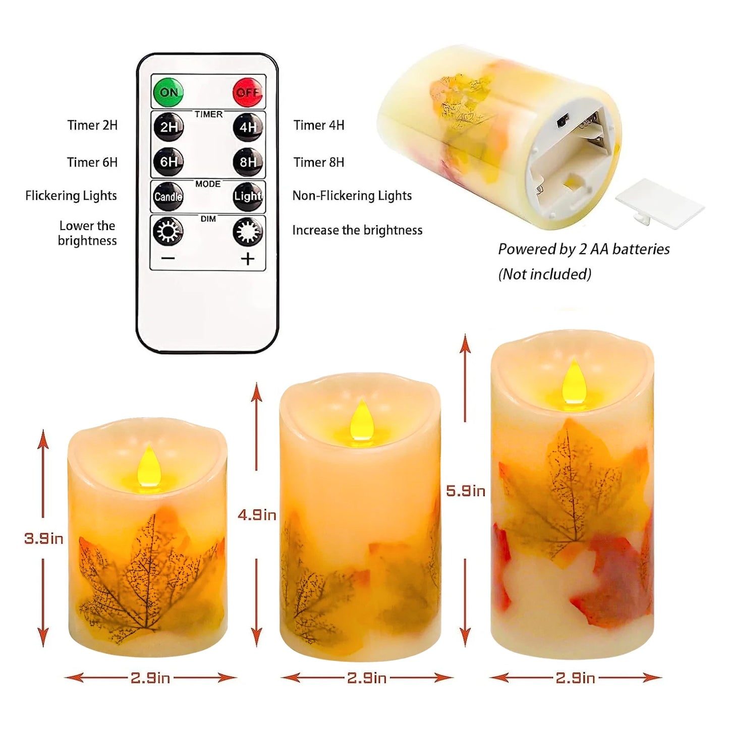 Flameless Candles Lights, Set of 3 Maple Leaf Flickering LED Candles with Remote & Timer, Dimmable LED Pillar Candles Battery Operated, Electric Candles for Thanksgiving Halloween Fall Harvest Decor