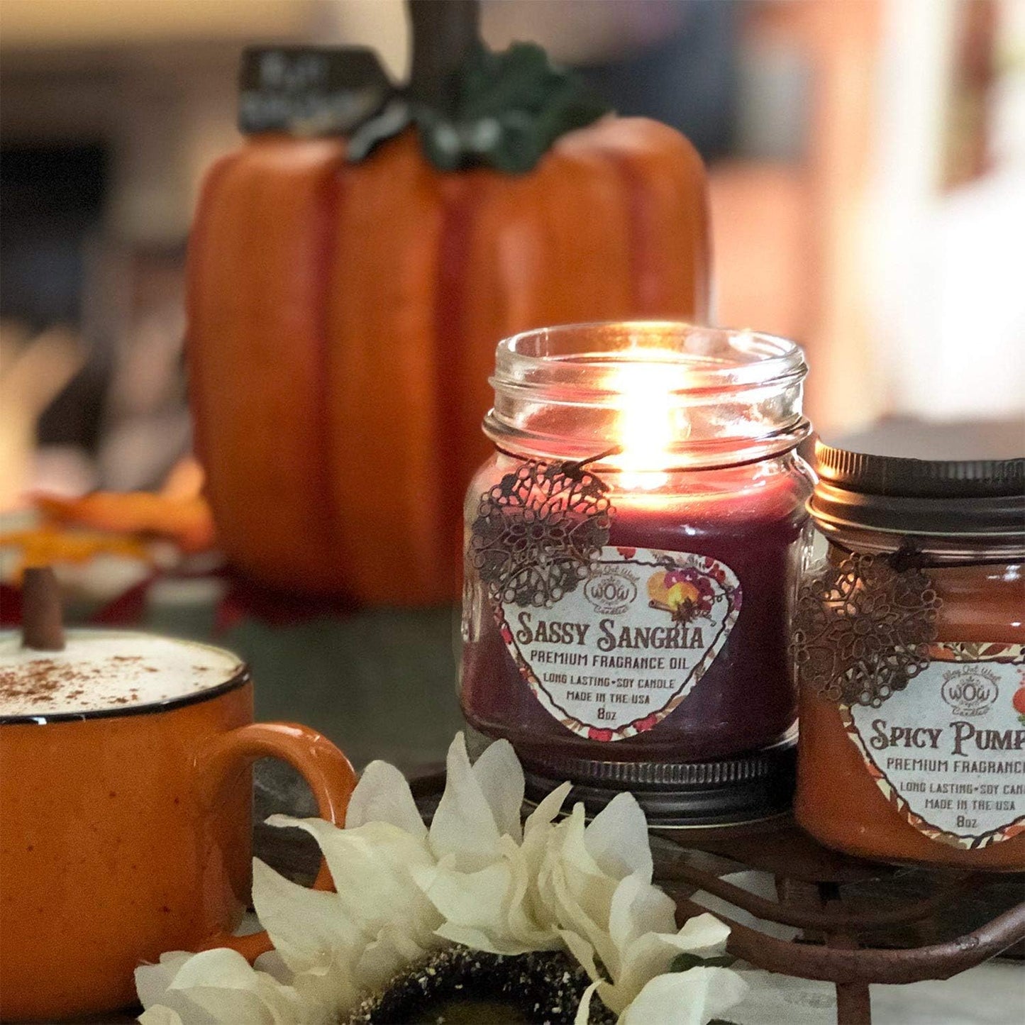 Scented Jar Candles Set of 2 - Sassy Sangria + Spicy Pumpkin, Long Lasting Holiday Candles