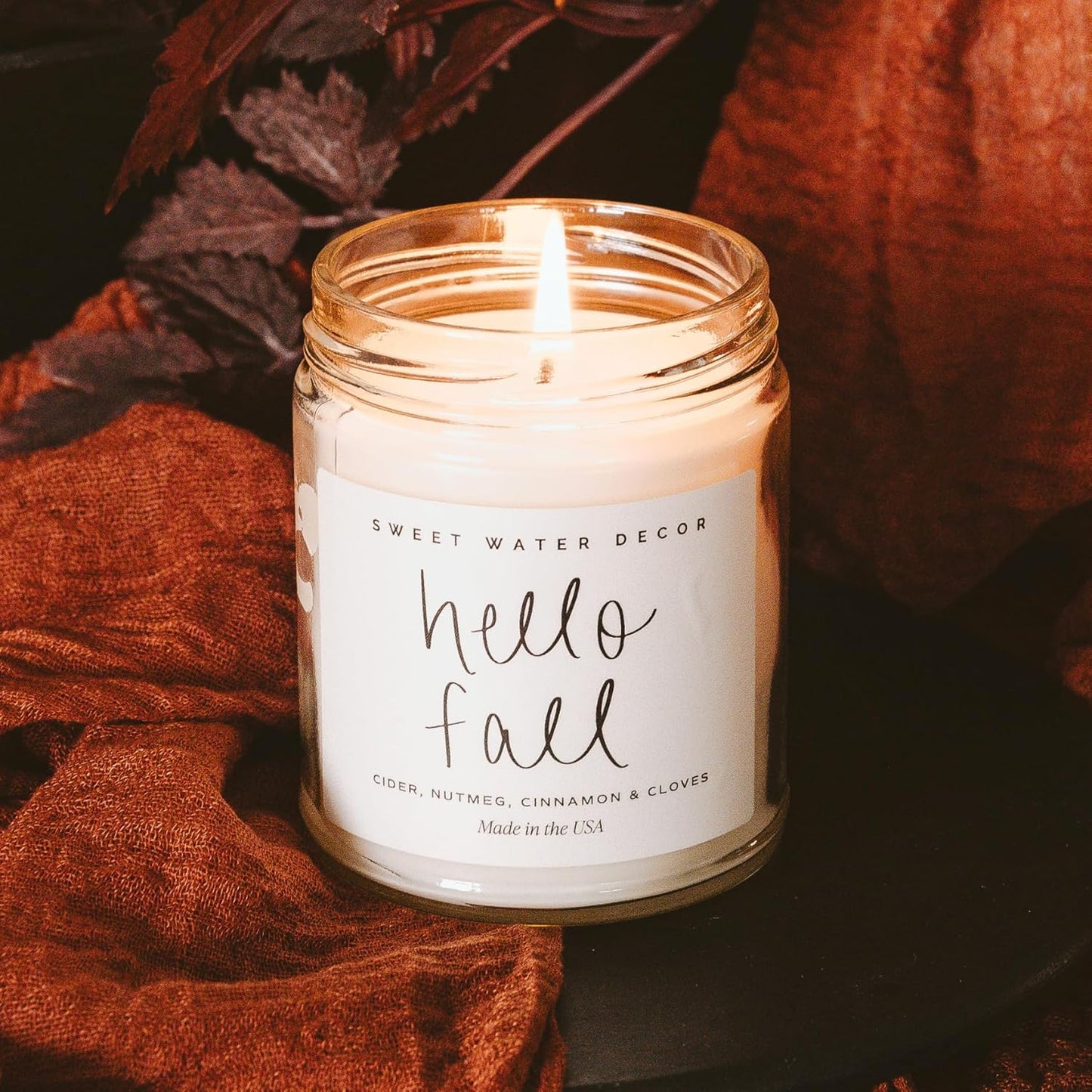 Hello Fall Candle - Cinnamon Apples & Clove Autumn Fall Scented Candle for Home Decor - 100% Cotton Wick Soy Wax Candles with 40 Hour Burn Time - Made in the USA - 9Oz Clear Jar