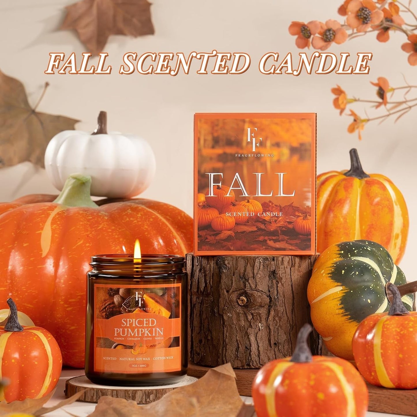 Fall Candle, Spiced Pumpkin Scented Candles for Home, Natural Soy Autumn Candle