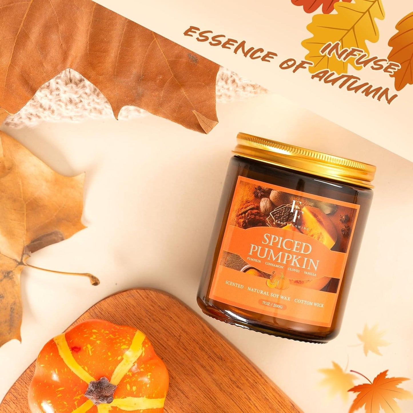 Fall Candle, Spiced Pumpkin Scented Candles for Home, Natural Soy Autumn Candle