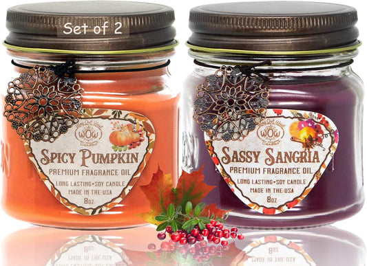 Scented Jar Candles Set of 2 - Sassy Sangria + Spicy Pumpkin, Long Lasting Holiday Candles