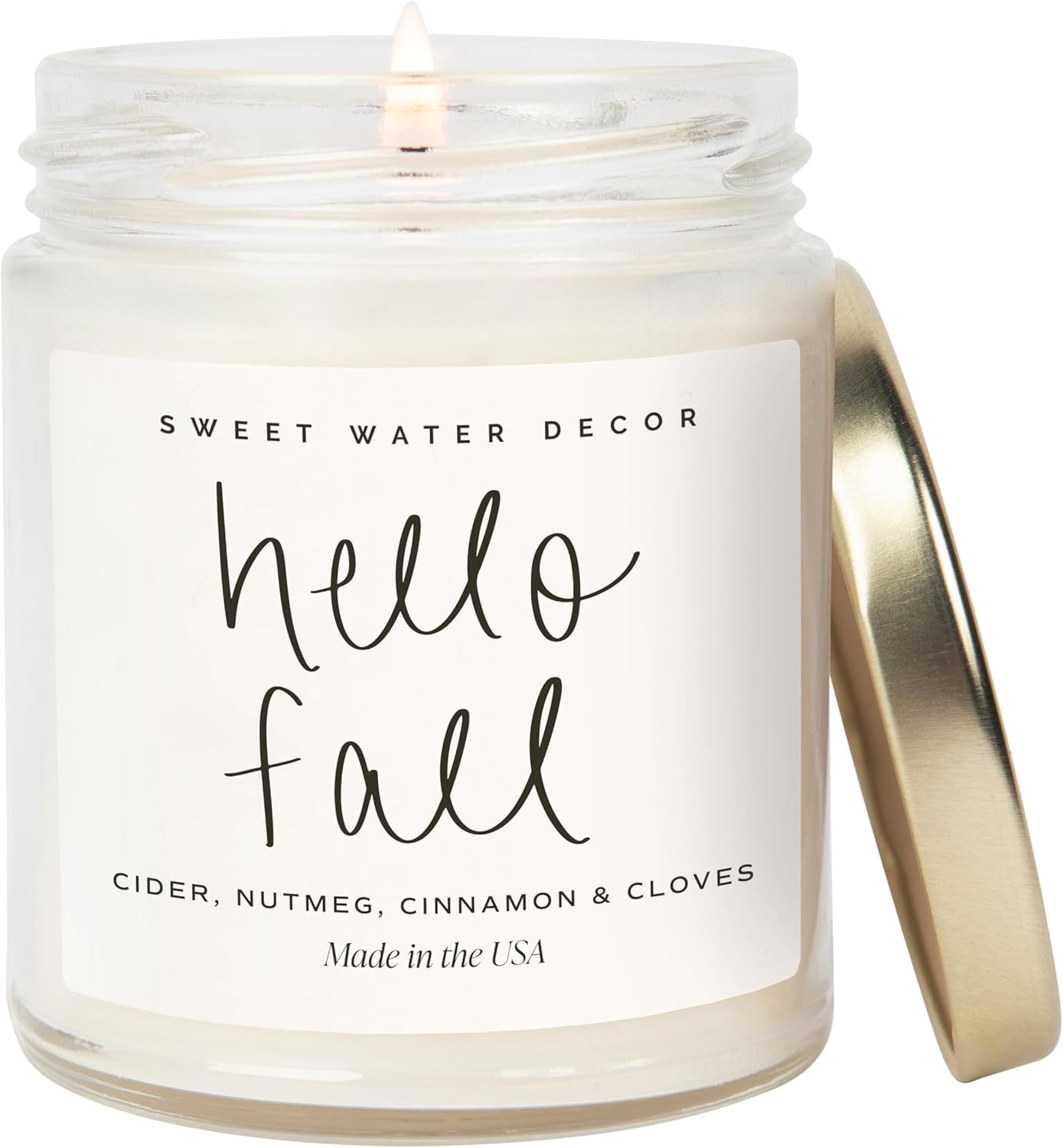 Hello Fall Candle - Cinnamon Apples & Clove Autumn Fall Scented Candle for Home Decor - 100% Cotton Wick Soy Wax Candles with 40 Hour Burn Time - Made in the USA - 9Oz Clear Jar