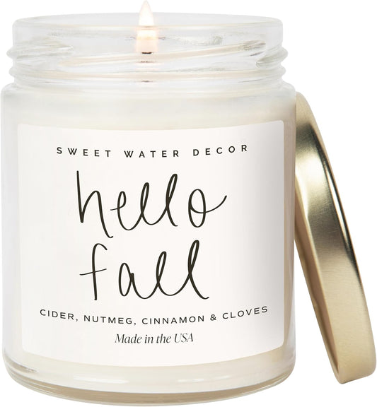 Hello Fall Candle - Cinnamon Apples & Clove Autumn Fall Scented Candle for Home Decor - 100% Cotton Wick Soy Wax Candles with 40 Hour Burn Time - Made in the USA - 9Oz Clear Jar