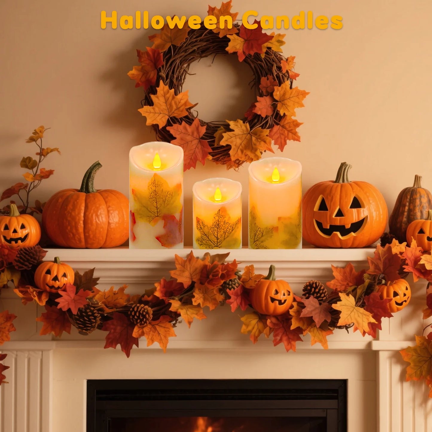 Flameless Candles Lights, Set of 3 Maple Leaf Flickering LED Candles with Remote & Timer, Dimmable LED Pillar Candles Battery Operated, Electric Candles for Thanksgiving Halloween Fall Harvest Decor