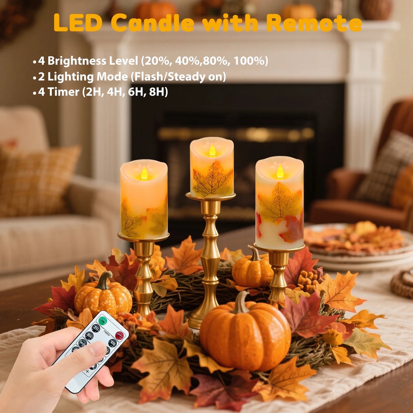 Flameless Candles Lights, Set of 3 Maple Leaf Flickering LED Candles with Remote & Timer, Dimmable LED Pillar Candles Battery Operated, Electric Candles for Thanksgiving Halloween Fall Harvest Decor