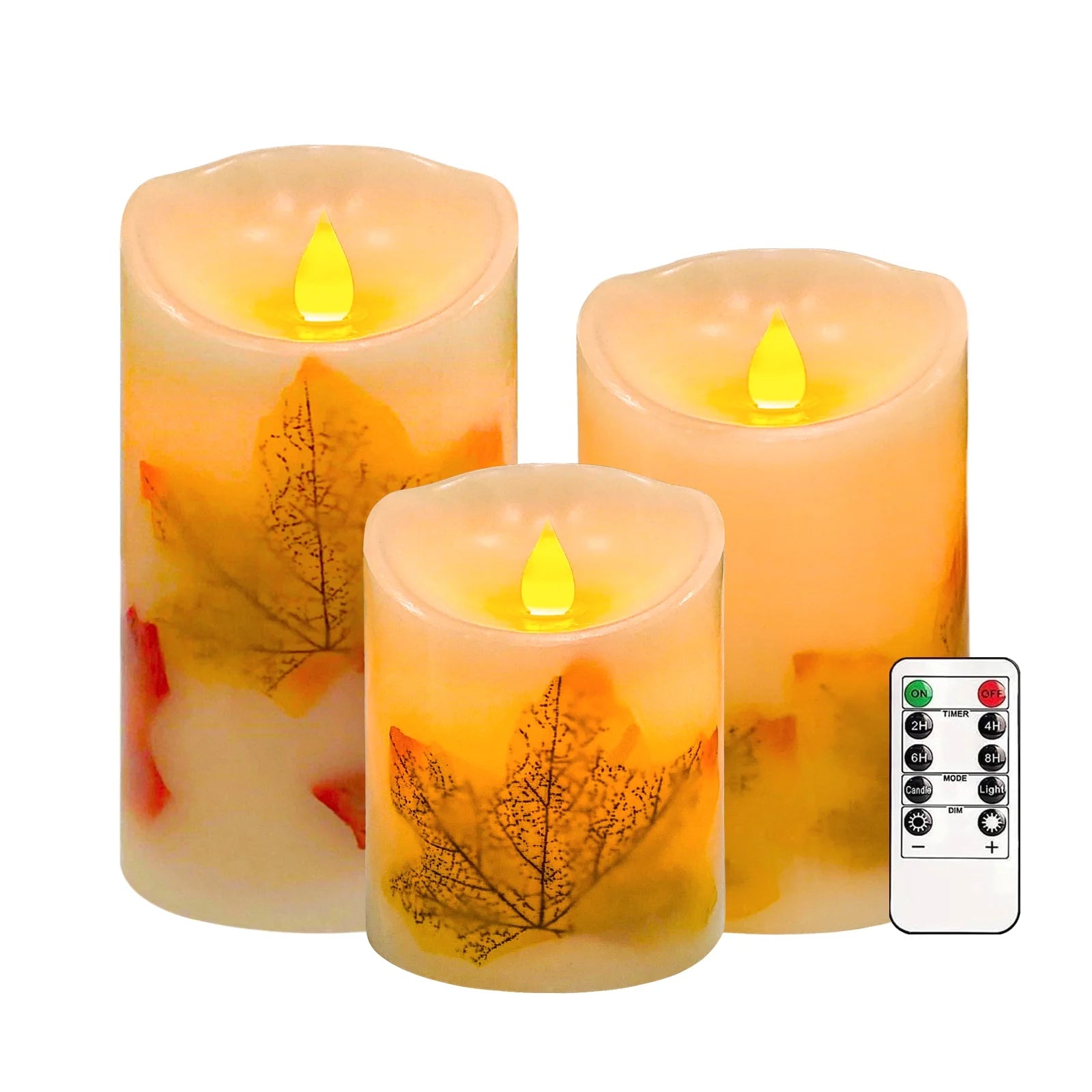 Flameless Candles Lights, Set of 3 Maple Leaf Flickering LED Candles with Remote & Timer, Dimmable LED Pillar Candles Battery Operated, Electric Candles for Thanksgiving Halloween Fall Harvest Decor