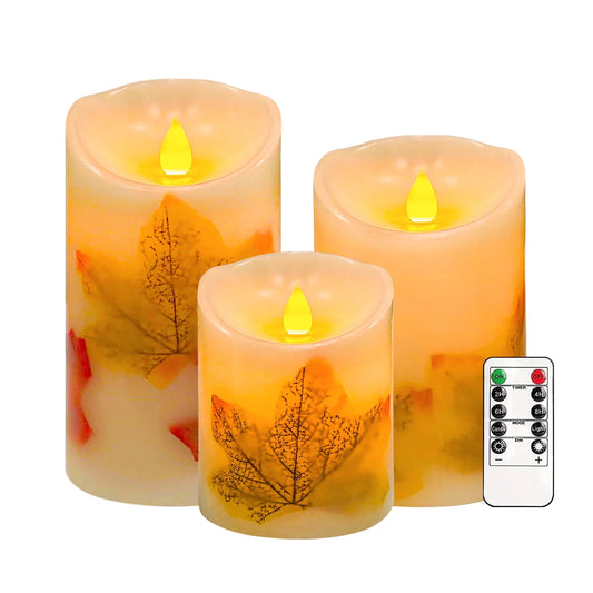 Flameless Candles Lights, Set of 3 Maple Leaf Flickering LED Candles with Remote & Timer, Dimmable LED Pillar Candles Battery Operated, Electric Candles for Thanksgiving Halloween Fall Harvest Decor