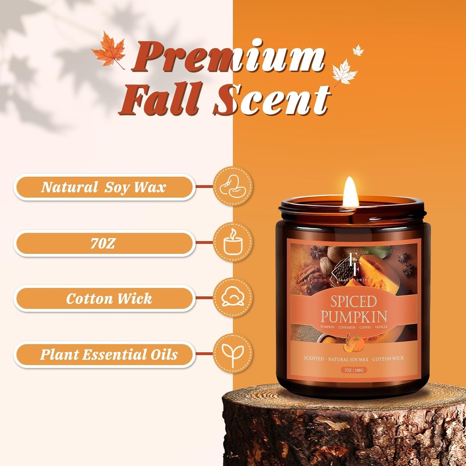 Fall Candle, Spiced Pumpkin Scented Candles for Home, Natural Soy Autumn Candle