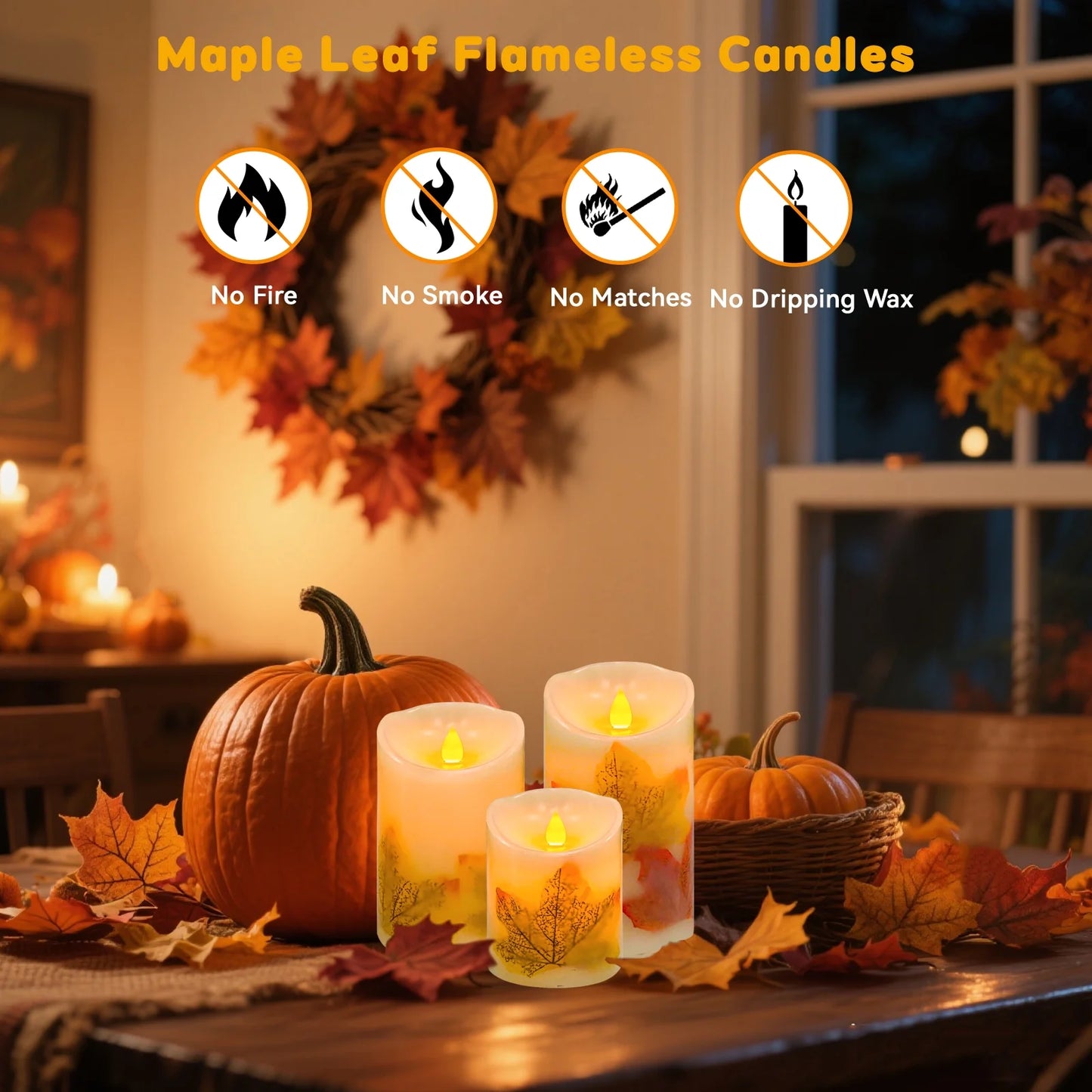 Flameless Candles Lights, Set of 3 Maple Leaf Flickering LED Candles with Remote & Timer, Dimmable LED Pillar Candles Battery Operated, Electric Candles for Thanksgiving Halloween Fall Harvest Decor