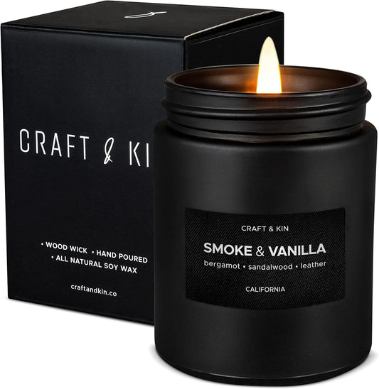 Premium Smoke & Vanilla Candle | Black Fall Scented Candles for Men | Long Lasting with 45 Hour Burn Time, 7.6Oz | Made with Soy | Aromatherapy at Home | Gifts for Men