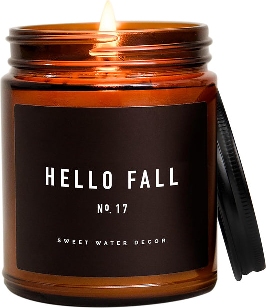 Hello Fall Candle - Cinnamon Apples Cloves & Nutmeg Fall Scented Candle for Home Decor - 100% Cotton Wick Soy Wax Candles with 40 Hour Burn Time - Made in the USA - 9Oz Amber Jar