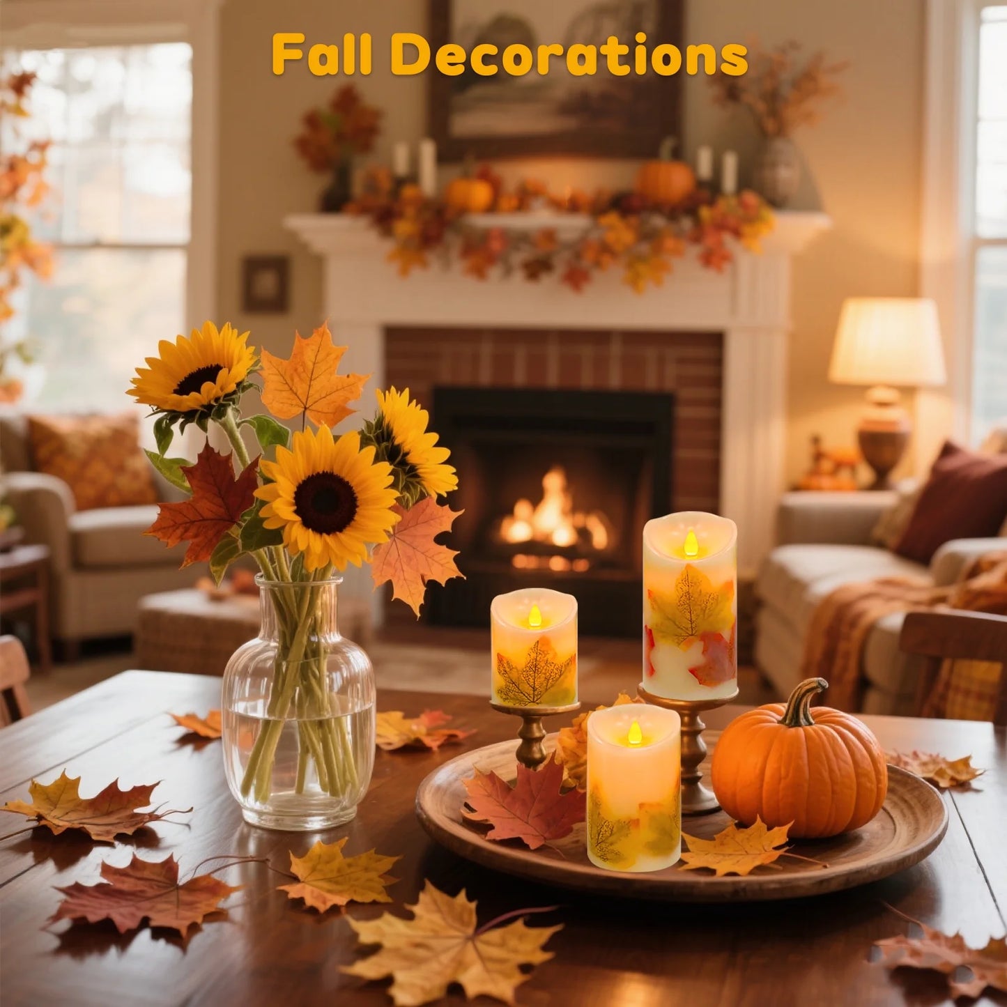 Flameless Candles Lights, Set of 3 Maple Leaf Flickering LED Candles with Remote & Timer, Dimmable LED Pillar Candles Battery Operated, Electric Candles for Thanksgiving Halloween Fall Harvest Decor