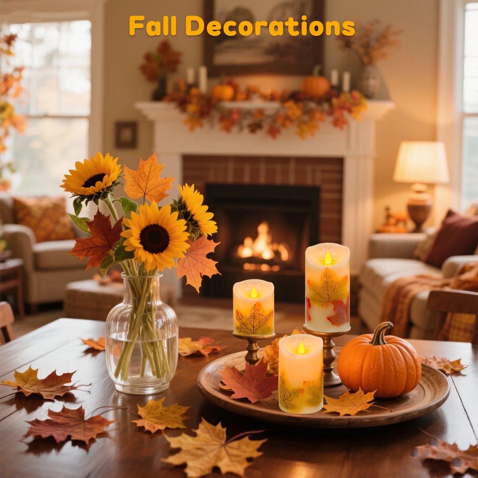 Flameless Candles Lights, Set of 3 Maple Leaf Flickering LED Candles with Remote & Timer, Dimmable LED Pillar Candles Battery Operated, Electric Candles for Thanksgiving Halloween Fall Harvest Decor
