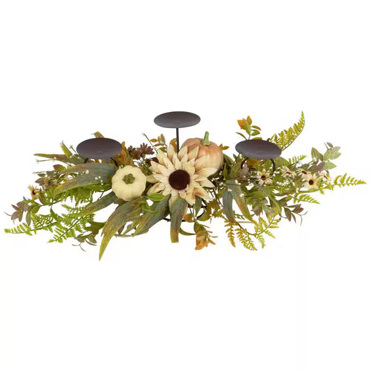 Sunflower and Pumpkins Fall Harvest Triple Candle Holder 28 In.
