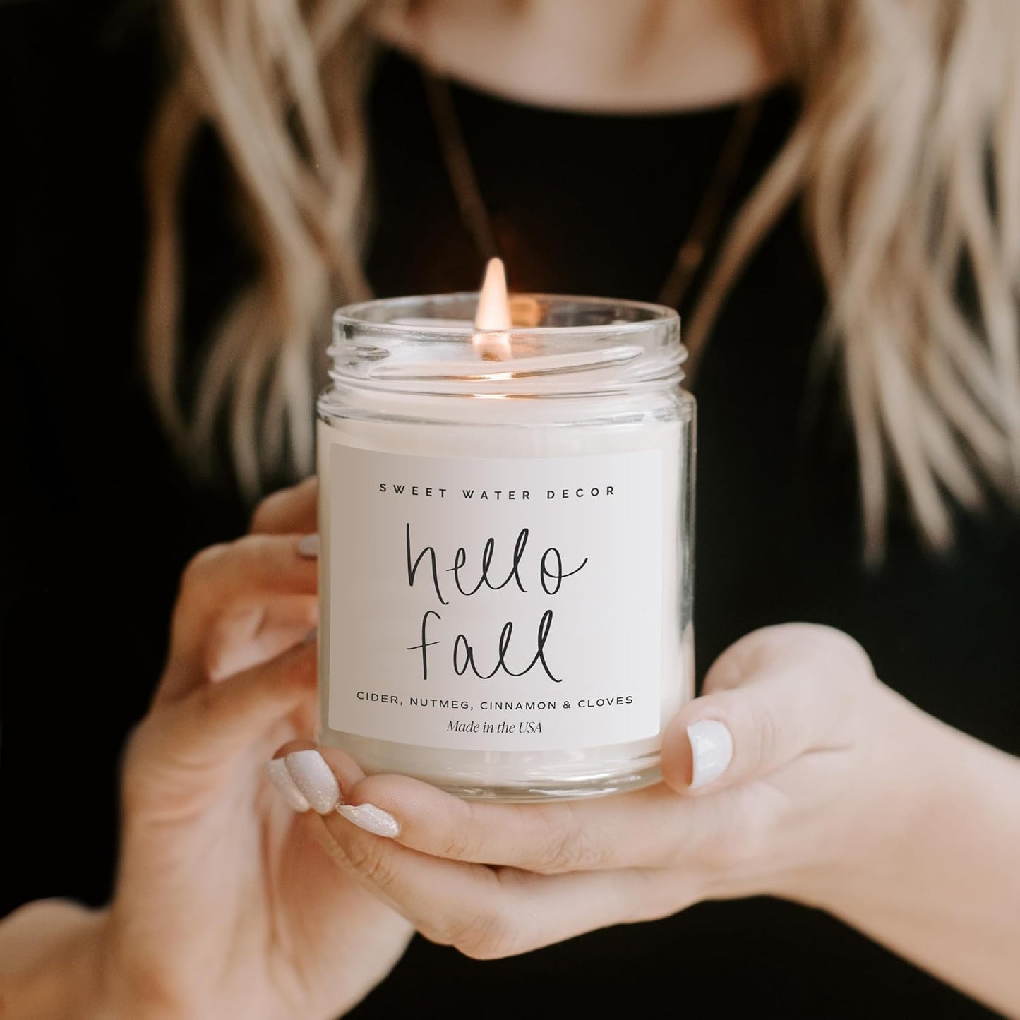 Hello Fall Candle - Cinnamon Apples & Clove Autumn Fall Scented Candle for Home Decor - 100% Cotton Wick Soy Wax Candles with 40 Hour Burn Time - Made in the USA - 9Oz Clear Jar