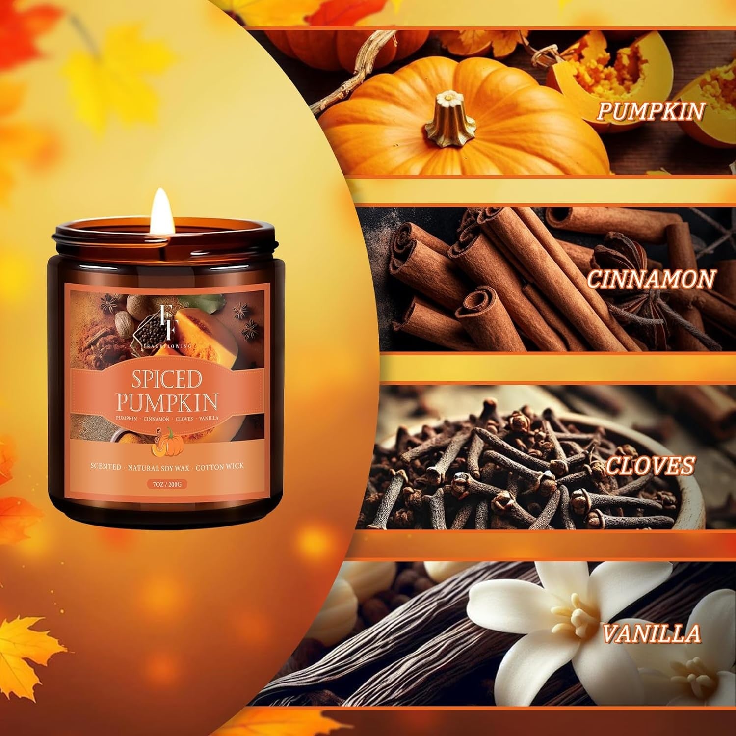 Fall Candle, Spiced Pumpkin Scented Candles for Home, Natural Soy Autumn Candle