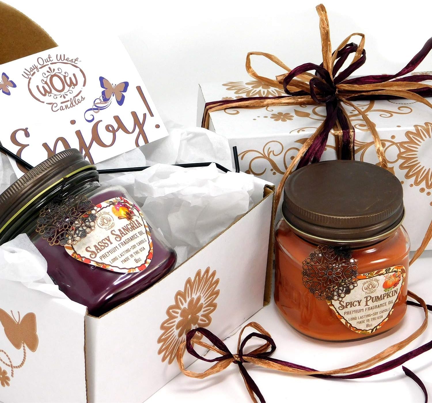 Scented Jar Candles Set of 2 - Sassy Sangria + Spicy Pumpkin, Long Lasting Holiday Candles